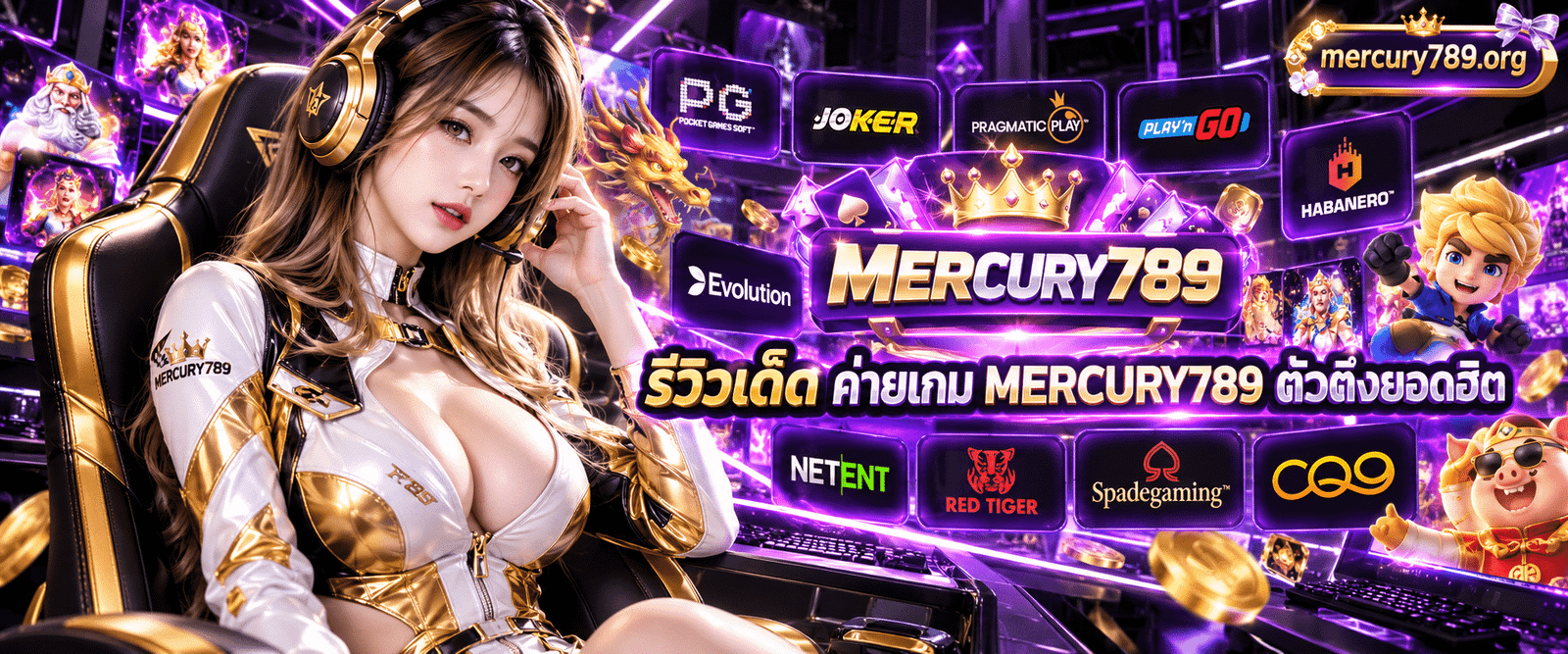 ภาพรวมโลโก้แบรนด์เกมสล็อตชื่อดังล้อมรอบสัญลักษณ์ ค่ายเกม MERCURY789 ตัวตึงยอดฮิต โทนสีม่วงล้ำสมัย